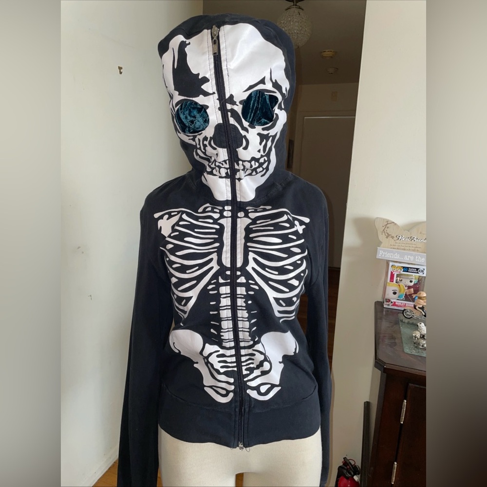 Living Dead Souls black white skeleton print hoodie with skull full zip. Small